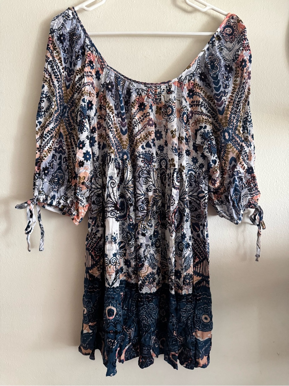 Women's Multicolor Boho Peasant Top - Scoop Neck, Tie Sleeves